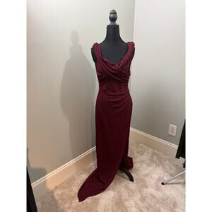 Windsor Burgundy Glitter Draped Maxi Dress Formal Evening Gown Size M